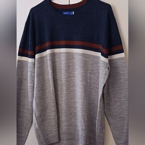 Men's XL Merino Wool Sweater, Blue, Brown & Lt Grey, NWT